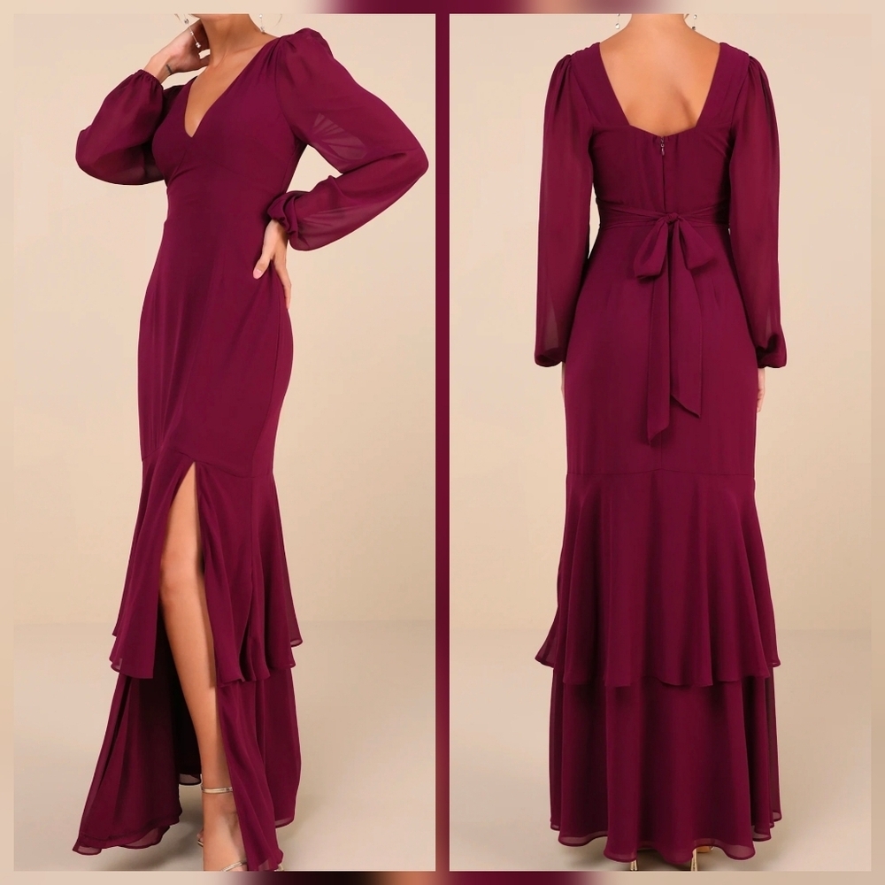 Lulus Tier Elegance XL Plum Purple Long Sheer Sleeve Tiered Maxi Dress, Size XL